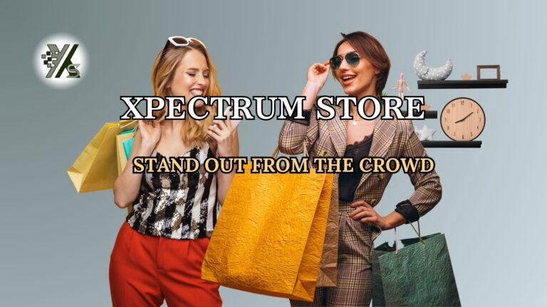 Two stylish women shopping with colorful bags, representing Xpectrum Store’s “Stand Out from the Crowd” message.